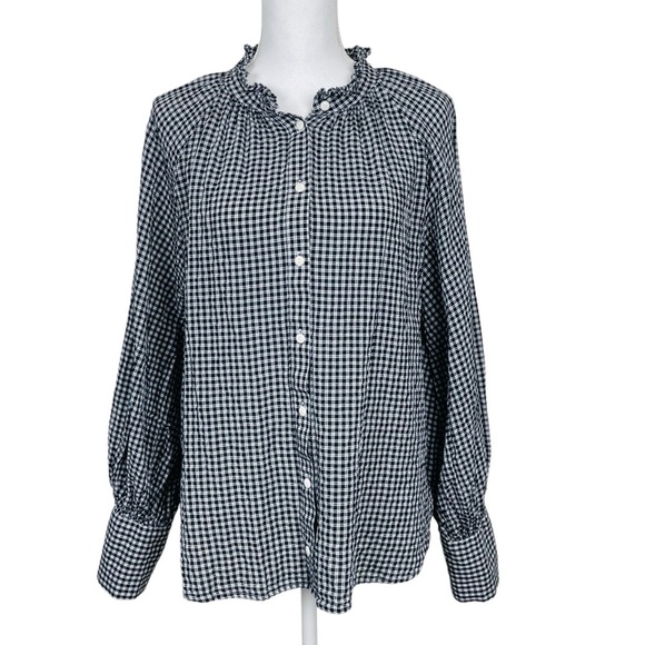 J.Crew Ruffleneck Button-up Shirt in Black and White Plaid Soft Gauze Size 14 - Picture 10 of 12